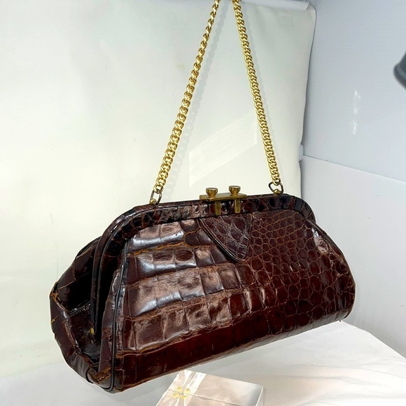 Handbags - Vintage Large Real Crocodile Brown Structured Handbag w/Chain Handle